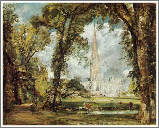 手描き 油絵 模写 複製画 ジョン・コンスタブル「主教館の庭から見たソールズベリ大聖堂」 F15(65.2×53.0cm)サイズ 額付き 送料無料