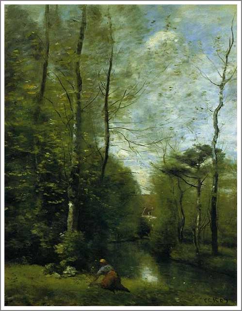 手描き 油絵 模写 複製画 カミーユ・コロー「木陰の小川」 F15(65.2×53.0cm)サイズ 額付き 送料無料