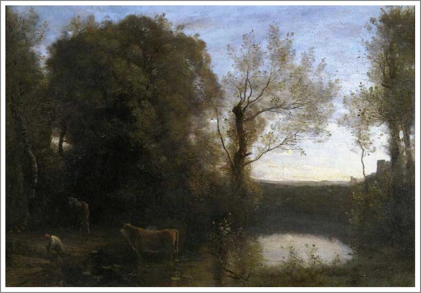 手描き 油絵 複製画 模写 カミーユ・コロー「日没、風景」 F20(72.7×60.6cm)サイズ 額付き 送料無料