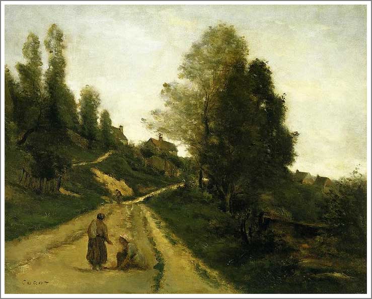 手描き 油絵 複製画 模写 カミーユ・コロー「上り道、シャンティイの近くのグヴィユー」 F20(72.7×60.6cm)サイズ 額付き 送料無料