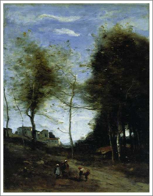 手描き 油絵 複製画 模写 カミーユ・コロー「田舎の並木道に佇む農夫たち」 F20(72.7×60.6cm)サイズ 額付き 送料無料