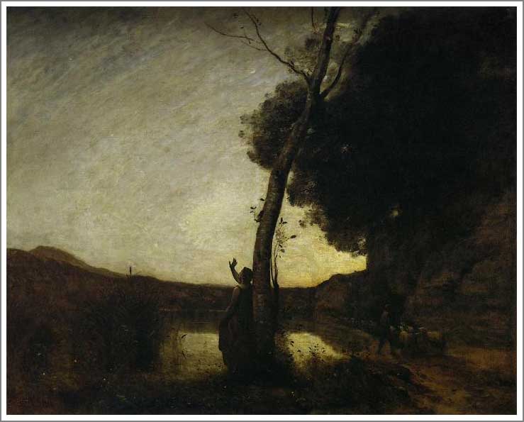 手描き 油絵 模写 複製画 カミーユ・コロー「羊飼いの星」 F15(65.2×53.0cm)サイズ 額付き 送料無料