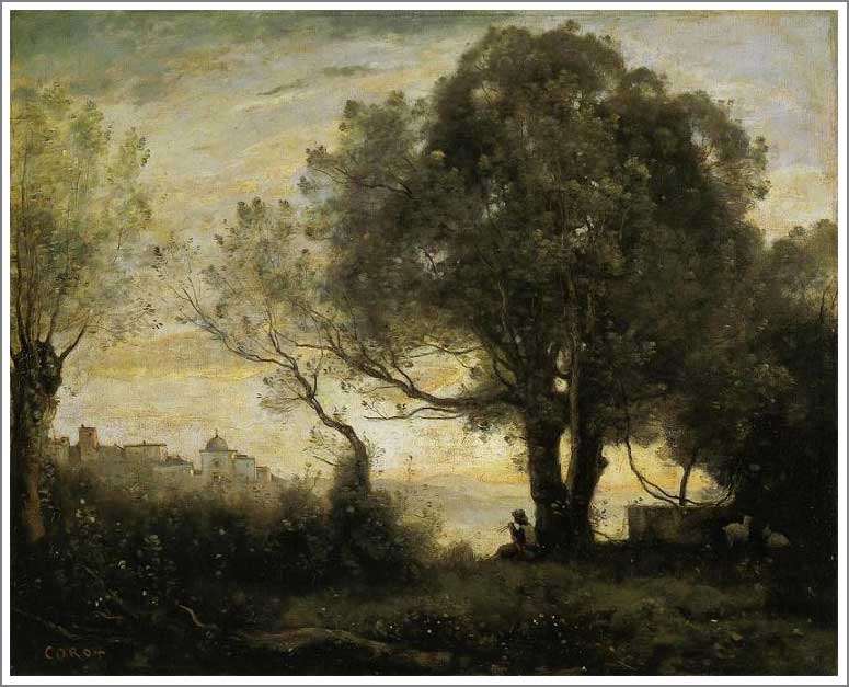 手描き 油絵 複製画 模写 カミーユ・コロー「カステルガンドルフォの思い出」 F20(72.7×60.6cm)サイズ 額付き 送料無料