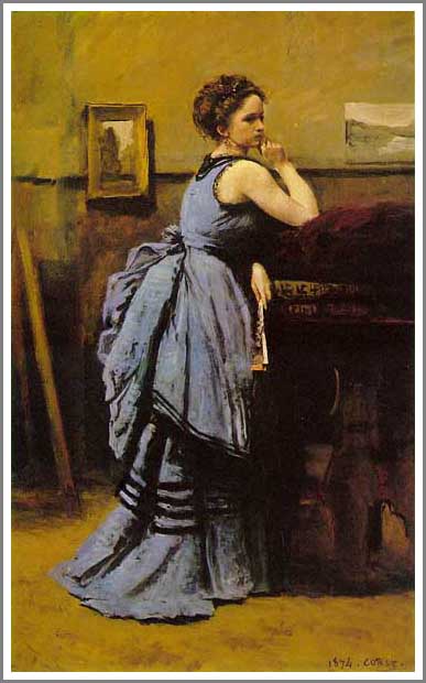 手描き 油絵 複製画 模写 カミーユ・コロー「青いドレスの女」 F20(72.7×60.6cm)サイズ 額付き 送料無料