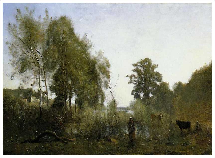 手描き 油絵 模写 複製画 カミーユ・コロー「ヴィル・ダヴレーの池」 F15(65.2×53.0cm)サイズ 額付き 送料無料