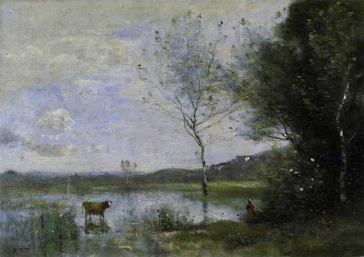 手描き 油絵 複製画 模写 カミーユ・コロー「ヴィル・ダヴレーの朝」 F20(72.7×60.6cm)サイズ 額付き 送料無料