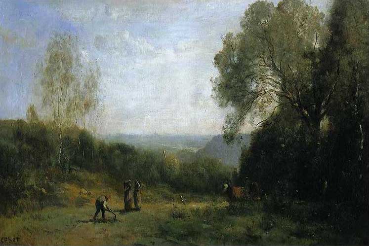 手描き 油絵 複製画 模写 カミーユ・コロー「ヴィル・ダヴレーの丘」 F20(72.7×60.6cm)サイズ 額付き 送料無料