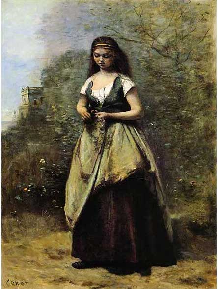 手描き 油絵 複製画 模写 カミーユ・コロー「花輪を編む若い娘」 F20(72.7×60.6cm)サイズ 額付き 送料無料