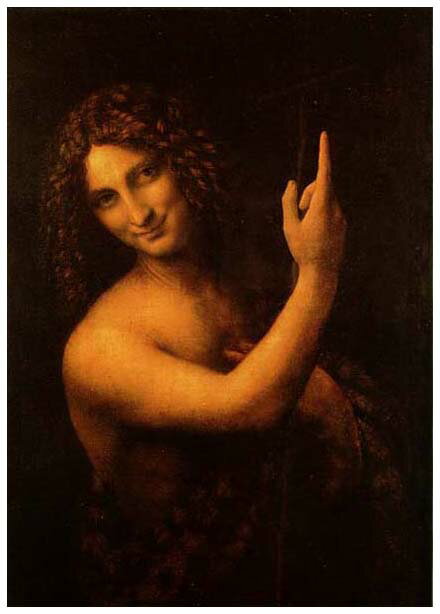 手描き 油絵 複製画 模写 レオナルド・ダ・ヴィンチ「洗礼者聖ヨハネ」 F20(72.7×60.6cm)サイズ 額付き 送料無料