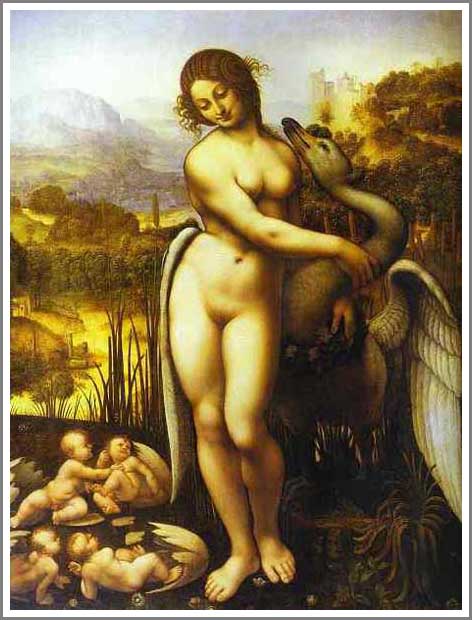 手描き 油絵 複製画 模写 レオナルド・ダ・ヴィンチ「レダと白鳥」 F20(72.7×60.6cm)サイズ 額付き 送料無料