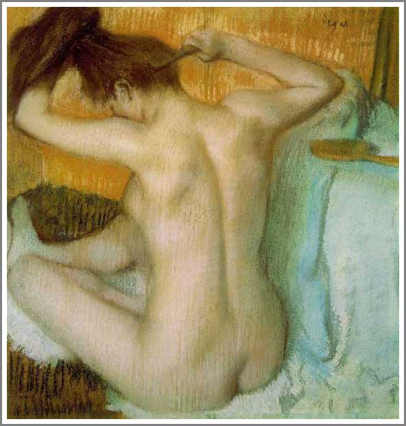 手描き 油絵 複製画 模写 エドガー・ドガ「髪を梳く女」 F20(72.7×60.6cm)サイズ 額付き 送料無料