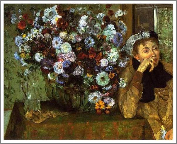 手描き 油絵 複製画 模写 エドガー・ドガ「女と菊の花」 F20(72.7×60.6cm)サイズ 額付き 送料無料