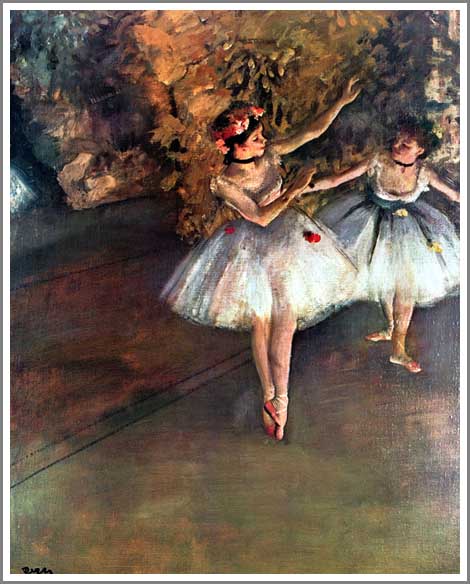 手描き 油絵 複製画 エドガー・ドガ「舞台の二人の踊り子」 F8(45.5×38.0cm) サイズ 額付き 送料無料