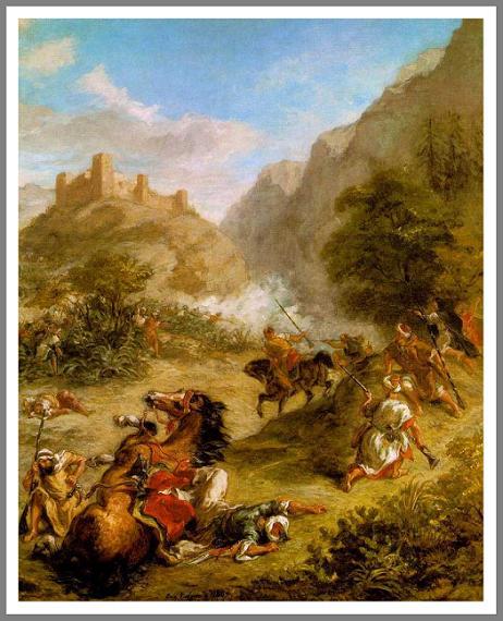 手描き 油絵 模写 複製画 ウジェーヌ・ドラクロワ「山間部でのアラブ人たちの小競り合い」 F15(65.2×53.0cm)サイズ 額付き 送料無料