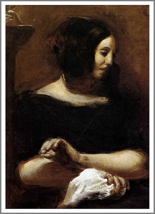 手描き 油絵 複製画 模写 ウジェーヌ・ドラクロワ「ジョルジュ・サンドの肖像」 F20(72.7×60.6cm)サイズ 額付き 送料無料