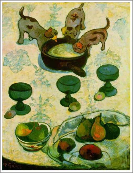 手描き 油絵 模写 複製画 ポール・ゴーギャン「三匹の子犬のいる静物」 F15(65.2×53.0cm)サイズ 額付き 送料無料