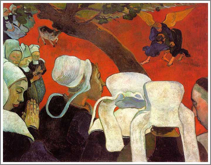 手描き 油絵 複製画 模写 ポール・ゴーギャン「説教の後の幻影 〜ヤコブと天使の闘い〜」 F20(72.7×60.6cm)サイズ 額付き 送料無料