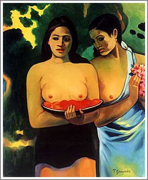 手描き 油絵 模写 複製画 ポール・ゴーギャン「タヒチの二人の女性とマンゴーの花」 F15(65.2×53.0cm)サイズ 額付き 送料無料