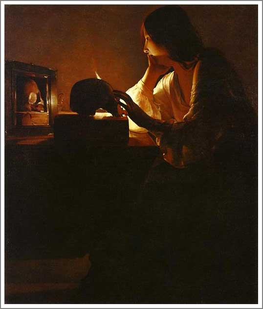 手描き 油絵 模写 複製画 ジョルジュ・ド・ラトゥール「悔悛するマグダラのマリア(鏡の前)」 F15(65.2×53.0cm)サイズ 額付き 送料無料