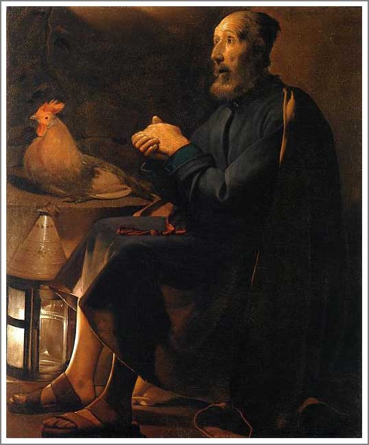 手描き 油絵 模写 複製画 ジョルジュ・ド・ラトゥール「聖ペテロの悔悟(涙)」 F15(65.2×53.0cm)サイズ 額付き 送料無料