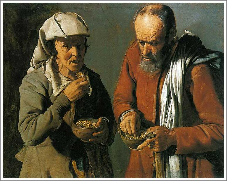 手描き 油絵 複製画 模写 ジョルジュ・ド・ラトゥール「豆を食べる人々」 F20(72.7×60.6cm)サイズ 額付き 送料無料