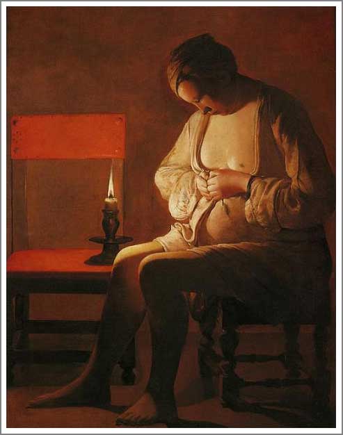 手描き 油絵 複製画 模写 ジョルジュ・ド・ラトゥール「蚤をとる女」 F20(72.7×60.6cm)サイズ 額付き 送料無料