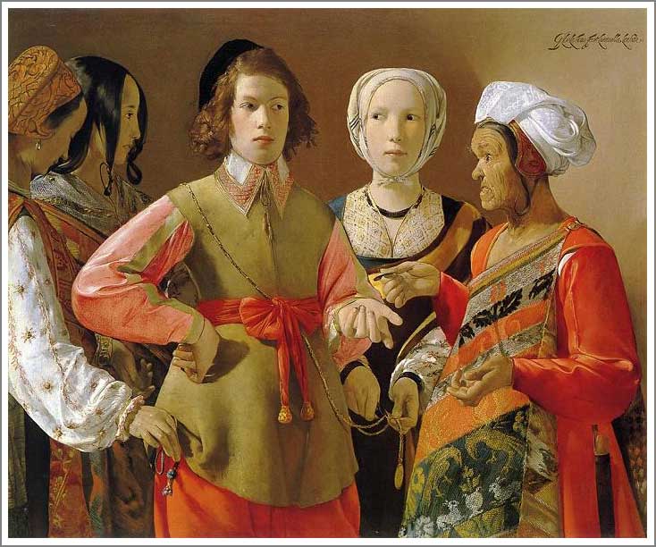 手描き 油絵 複製画 模写 ジョルジュ・ド・ラトゥール「女占い師」 F20(72.7×60.6cm)サイズ 額付き 送料無料