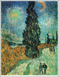 手描き 油絵 複製画 フィンセント・ファン・ゴッホ「糸杉と星の見える道」額付き 送料無料