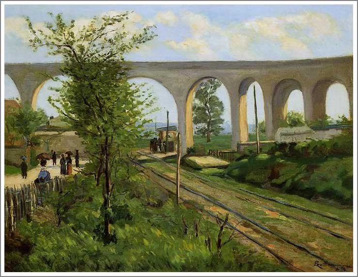 手描き 油絵 模写 複製画 アルマン・ギヨマン「アルクイユの水道橋」 F15(65.2×53.0cm)サイズ 額付き 送料無料