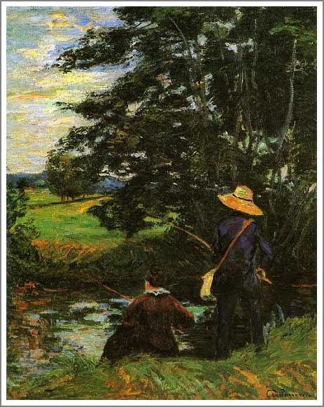 手描き 油絵 模写 複製画 アルマン・ギヨマン「釣り人たち」 F15(65.2×53.0cm)サイズ 額付き 送料無料