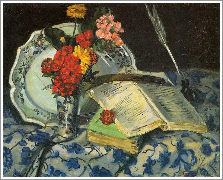 手描き 油絵 模写 複製画 アルマン・ギヨマン「静物 〜花、陶器、書物〜」 F12(60.6×50.0cm)サイズ 額付き 送料無料