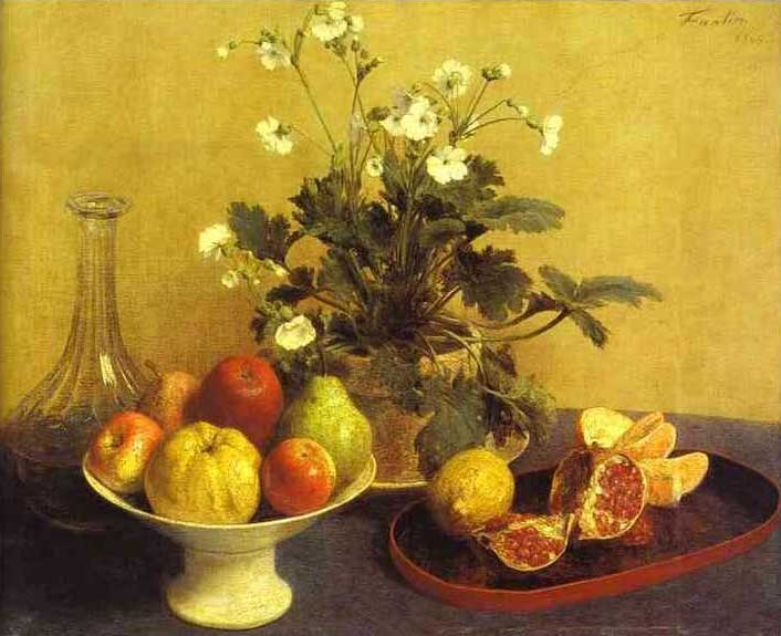 手描き 油絵 模写 複製画 アンリ・ファンタン＝ラトゥール「花と皿に入った果物と水差し」 F12(60.6×50.0cm) サイズ 額付き 送料無料