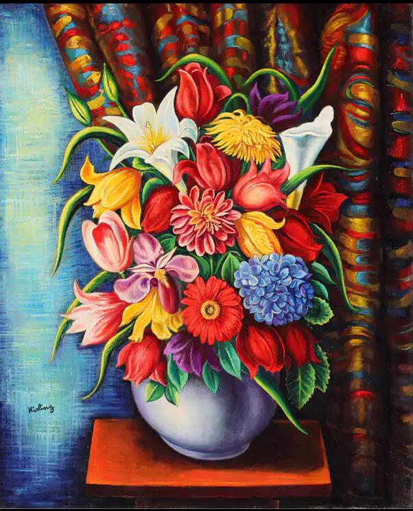 手描き 油絵 複製画 キスリング【カーテンの前の花束】 額付き 送料無料