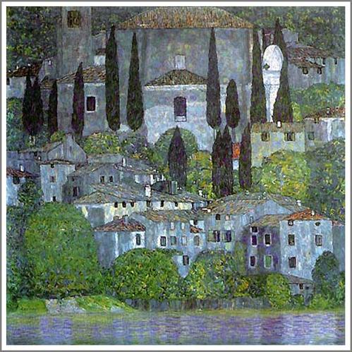 手描き 油絵 模写 複製画 グスタフ・クリムトアッター湖畔のカンマー城 I(水城)」 F15(65.2×53.0cm)サイズ 額付き 送料無料