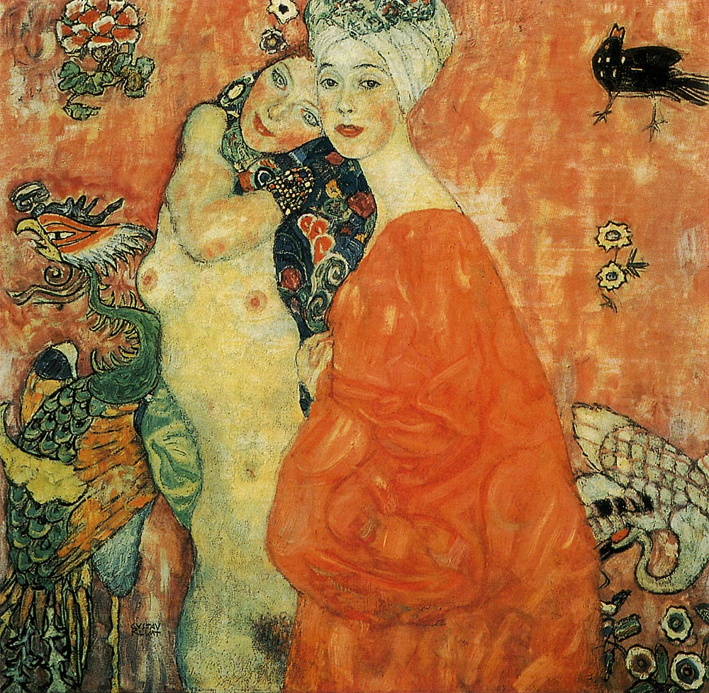 手描き 油絵 模写 複製画 グスタフ・クリムト「女友達」 F12(60.6×50.0cm)サイズ 額付き 送料無料