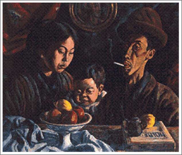 手描き 油絵 模写 複製画 小出楢重「Nの家族」 F15(65.2×53.0cm)サイズ プレゼント ギフト 贈り物 名画 オーダーメイド 額付き