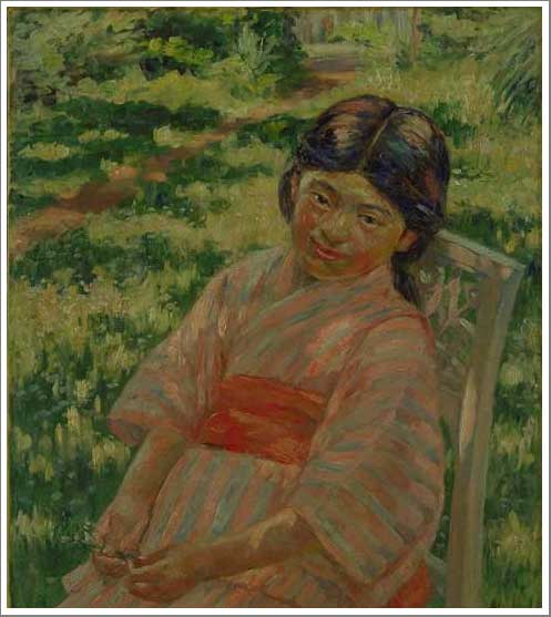 手描き 油絵 模写 複製画 黒田清輝「もるる日影」 F15(65.2×53.0cm)サイズ 額付き 送料無料