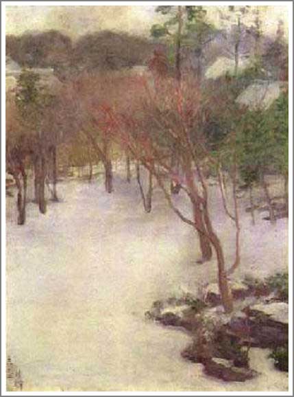 手描き 油絵 模写 複製画 黒田清輝「庭の雪」 F15(65.2×53.0cm)サイズ プレゼント ギフト 贈り物 名画 オーダーメイド 額付き