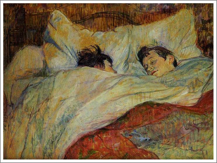 手描き 油絵 複製画 模写 ロートレック「ベッド」 F20(72.7×60.6cm)サイズ 額付き 送料無料