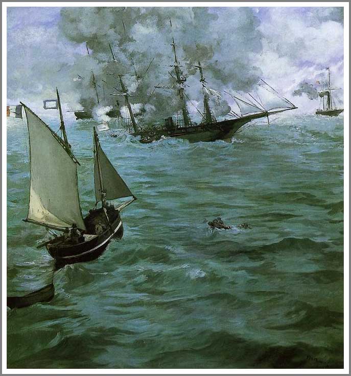 手描き 油絵 模写 複製画 エドゥアール・マネ「キアサージ号とアラバマ号の海戦」 F15(65.2×53.0cm)サイズ 額付き 送料無料