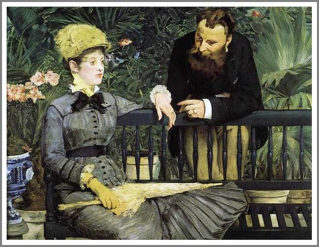 手描き 油絵 模写 複製画 エドゥアール・マネ「温室にて」 F15(65.2×53.0cm)サイズ 額付き 送料無料