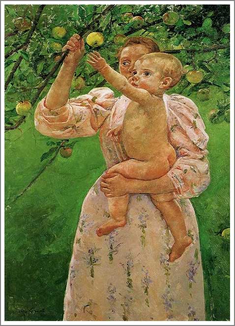 手描き 油絵 複製画 模写 メアリー・カサット「林檎に手を伸ばす赤ん坊」 F20(72.7×60.6cm)サイズ 額付き 送料無料