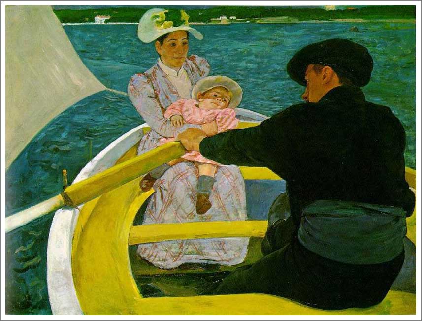 手描き 油絵 複製画 模写 メアリー・カサット「舟遊び」 F20(72.7×60.6cm)サイズ 額付き 送料無料