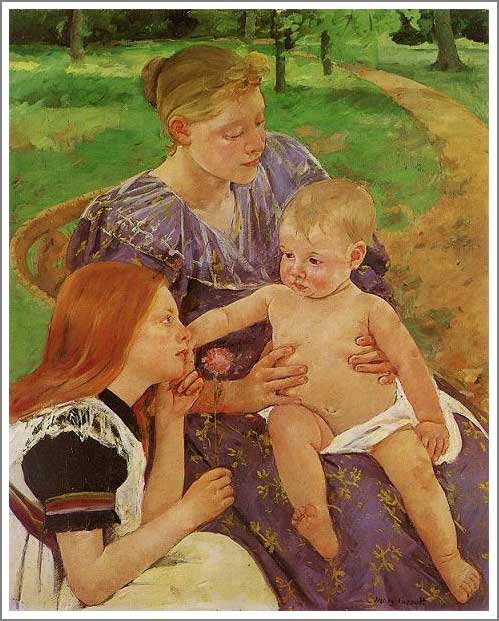 手描き 油絵 模写 複製画 メアリー・カサット「家族」 F15(65.2×53.0cm)サイズ プレゼント ギフト 贈り物 名画 オーダーメイド 額付き