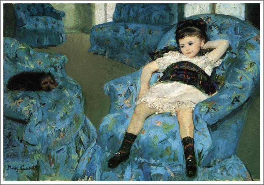 手描き 油絵 模写 複製画 メアリー・カサット「青い肘掛け椅子の上の少女」 F12(60.6×50.0cm)サイズ 額付き 送料無料