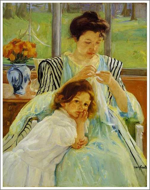 手描き 油絵 複製画 模写 メアリー・カサット「編み物をする女」 F20(72.7×60.6cm)サイズ 額付き 送料無料