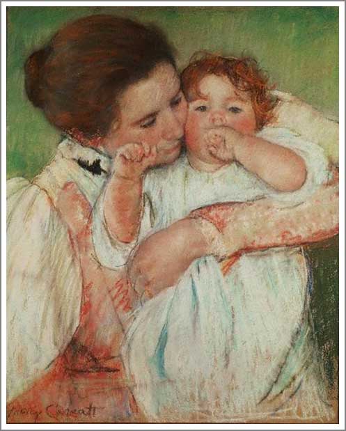 手描き 油絵 複製画　メアリー・カサット「母と子（指をしゃぶるアン）」 額付き 送料無料