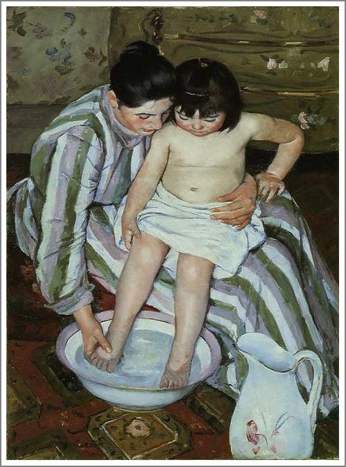 手描き 油絵 複製画 模写 メアリー・カサット「沐浴」 F20(72.7×60.6cm)サイズ 額付き 送料無料