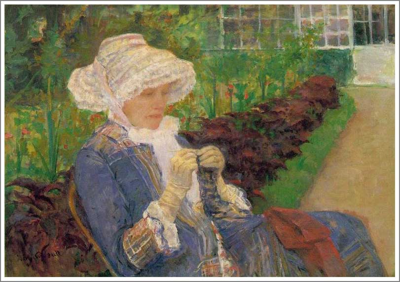 手描き 油絵 模写 複製画 メアリー・カサット「マルリーの庭で編物をするリディア」 F15(65.2×53.0cm)サイズ プレゼント ギフト 贈り物 名画 オ...