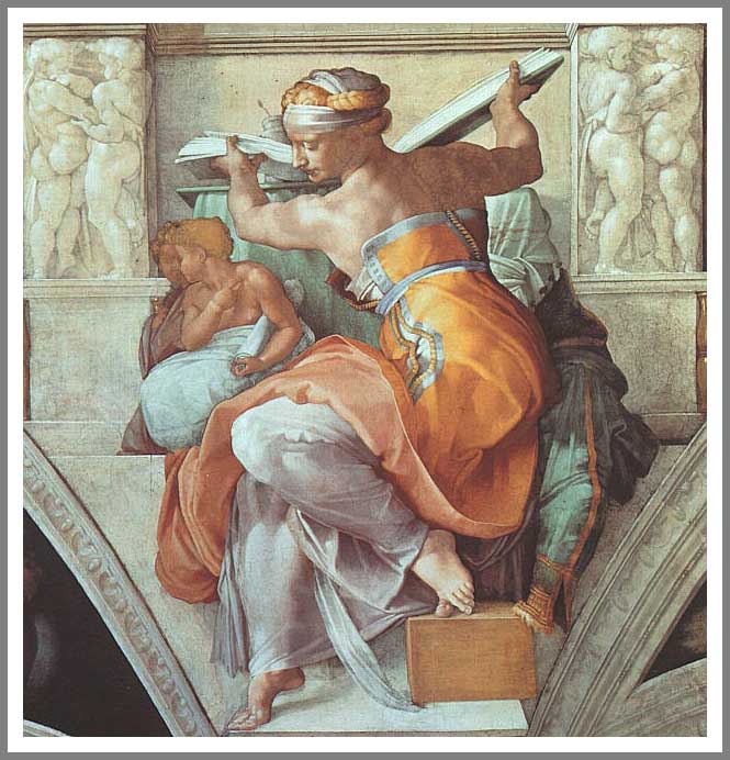 手描き 油絵 複製画 模写 ミケランジェロ・ブオナローティ「リビアの巫女」 F20(72.7×60.6cm)サイズ 額付き 送料無料